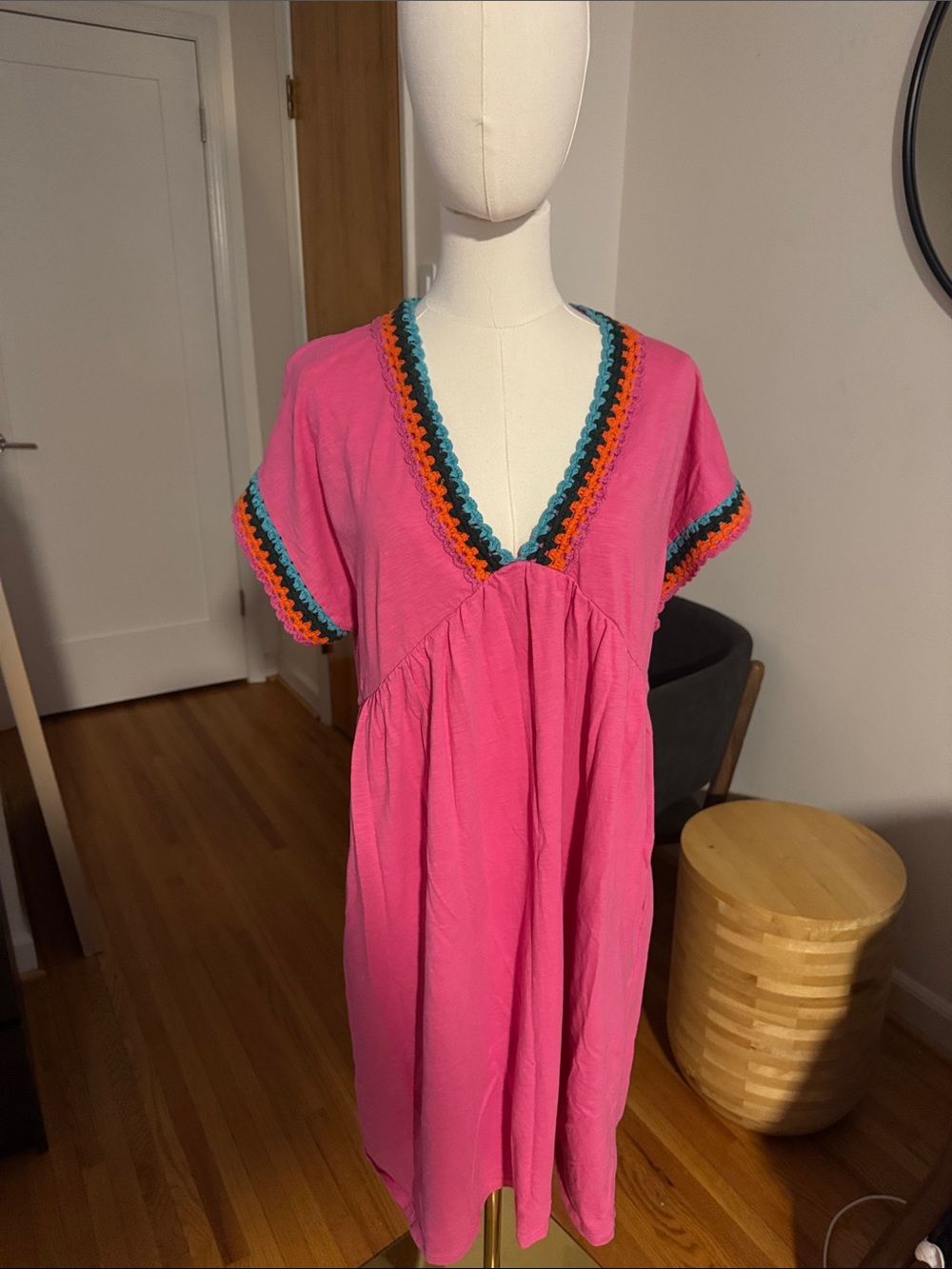 Boden Pink crochet trim v neck jersey dress w/pockets 12L/Tall